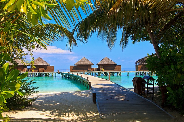 Veligandu island in the Maldives with a beautiful walkway and clear blue waters.