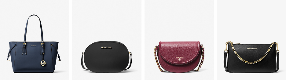 Michael Kors outlet online: Different size handbags in a variety of colours set on a neutral background.
