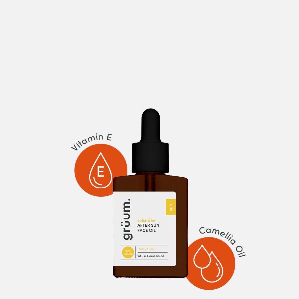 After Sun Face Oil on a white background with orange circles reading “Vitamin E” & “Camellia Oil”