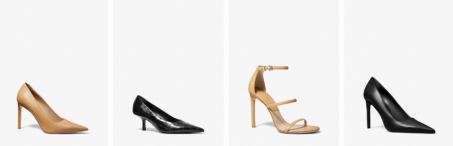 Different colour heels and styles set on a grey background.