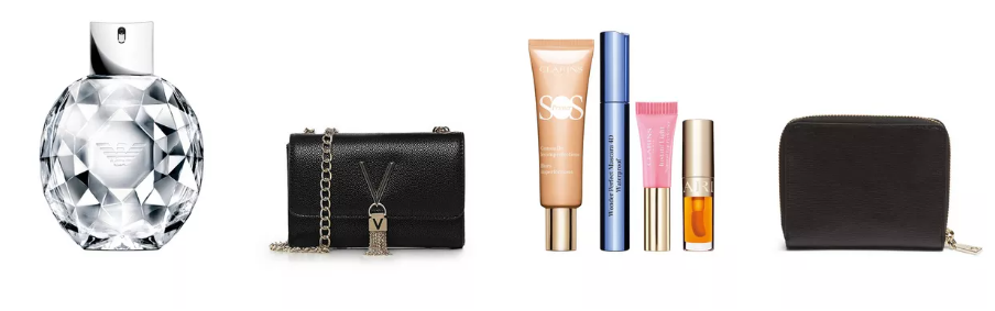 Different gift sets for her including a bottle of perfume, purse, make-up kit and wallet.