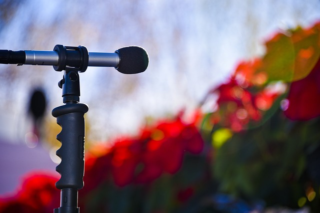 Close-up of in-focus microphone sat in front of a blurred white, green and red background