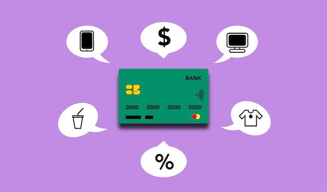 An illustration of a credit card and bubbles for different payments for the No Spend Challenge