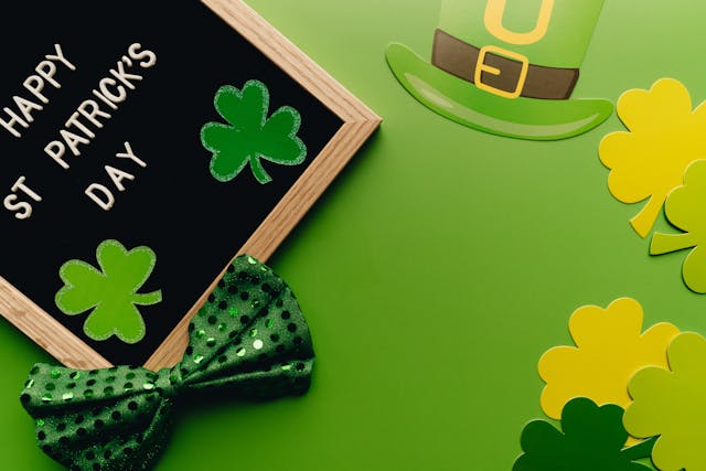 Things to do on St. Patrick's Day: A St. Patrick’s Day sign with a bow tie and green decorations