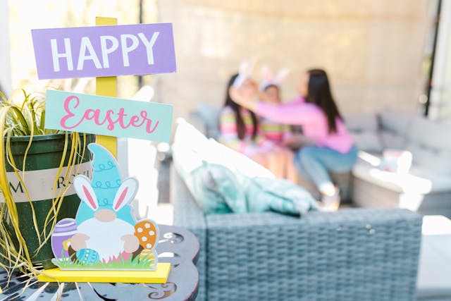 Things to do over Easter: An Easter decoration on a table with people in the background