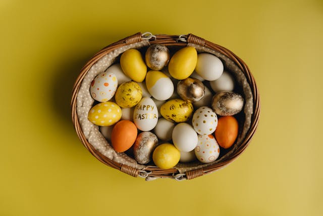 Hampers and gifts: A variety of painted Easter eggs inside a basket