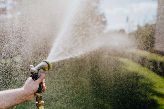 Hand holding a garden hose spraying water onto a green lawn outdoors