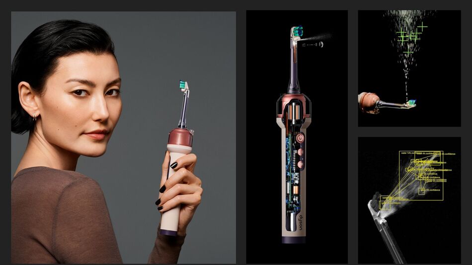 A collage of 4 images showing the features of the Dyson CameraJet toothbrush