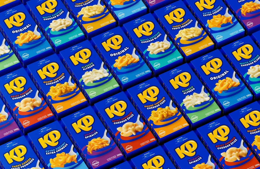 Boxes of various Kraft mac and cheese flavours laid out in a grid