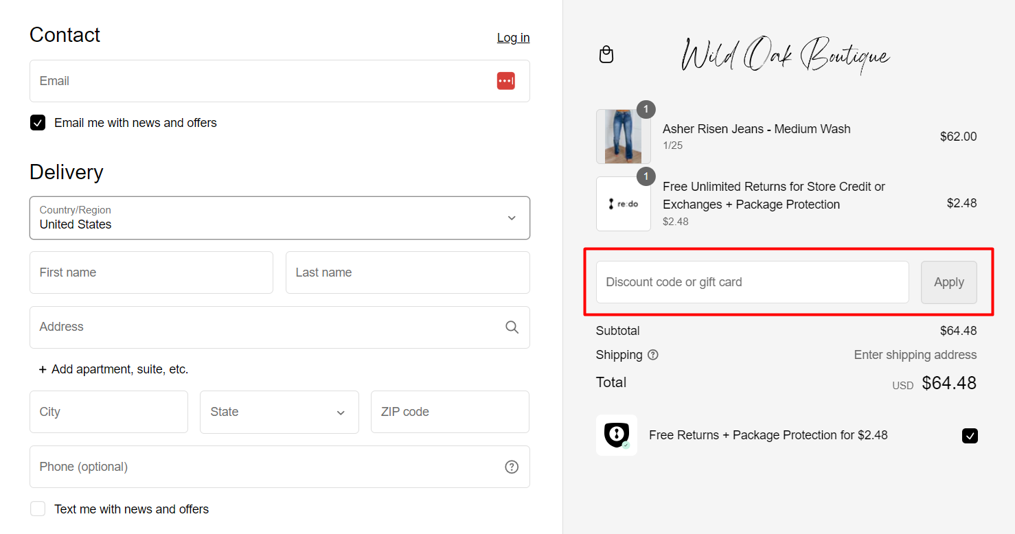 How do I use my Wild Oak Boutique coupon code?