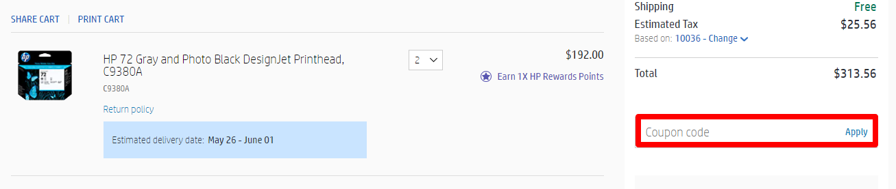 an HP coupon code box marked in red where customers put their code for it to be redeemed