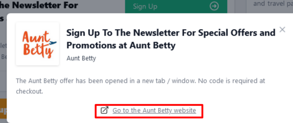 Box displayed on a darkened background of Aunt Betty promo codes with the terms and conditions showing
