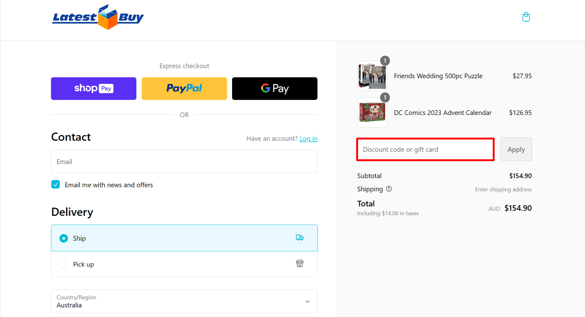 The highlighted red box at the brand checkout page is showing where to add the LatestBuy discount code.