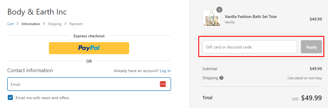 How do I use my Body & Earth discount code?