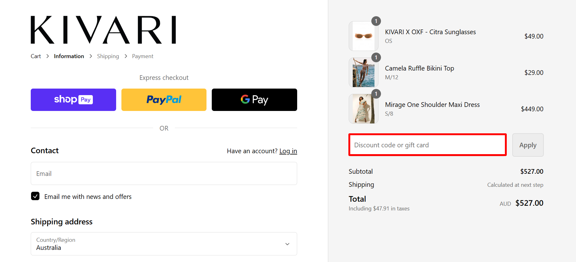 The highlighted red box at the brand checkout page is showing where to add the Kivari discount code.