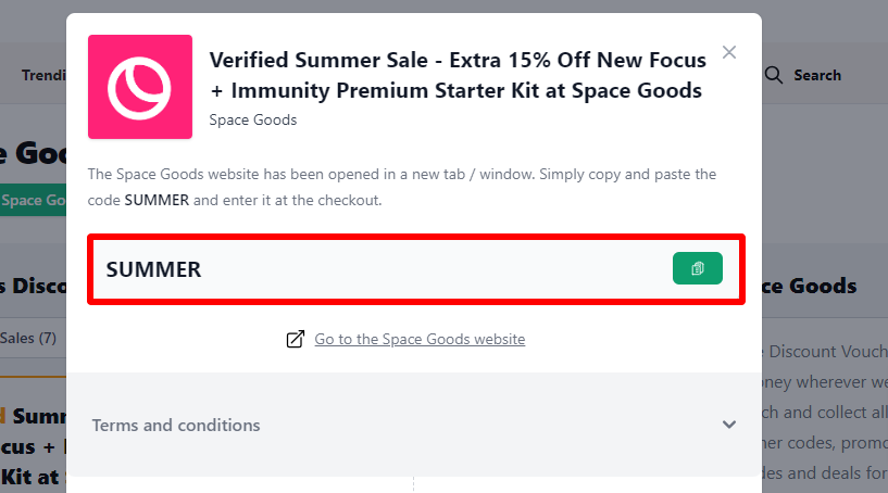 Box displayed on a darkened background of a Space Goods promo code with the terms and conditions showing