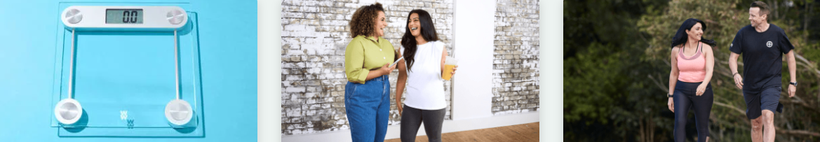 A scale on a blue background, two ladies talking about WeightWatchers and others walking