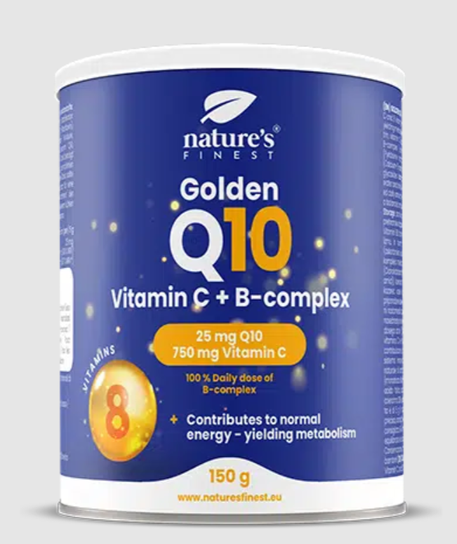 Eine blau-gelbliche Nahrungsergänzungs-Dose mit GOLDEN Q10 von Nature’s Finest