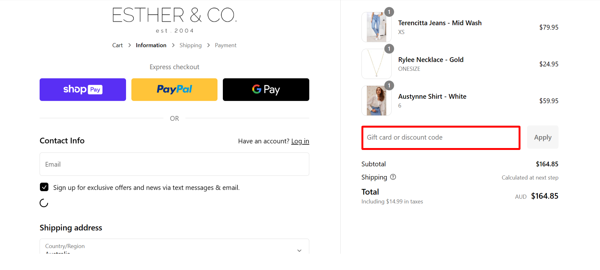 The brand checkout page with where to add the Esther & Co discount code highlighted with a red box
