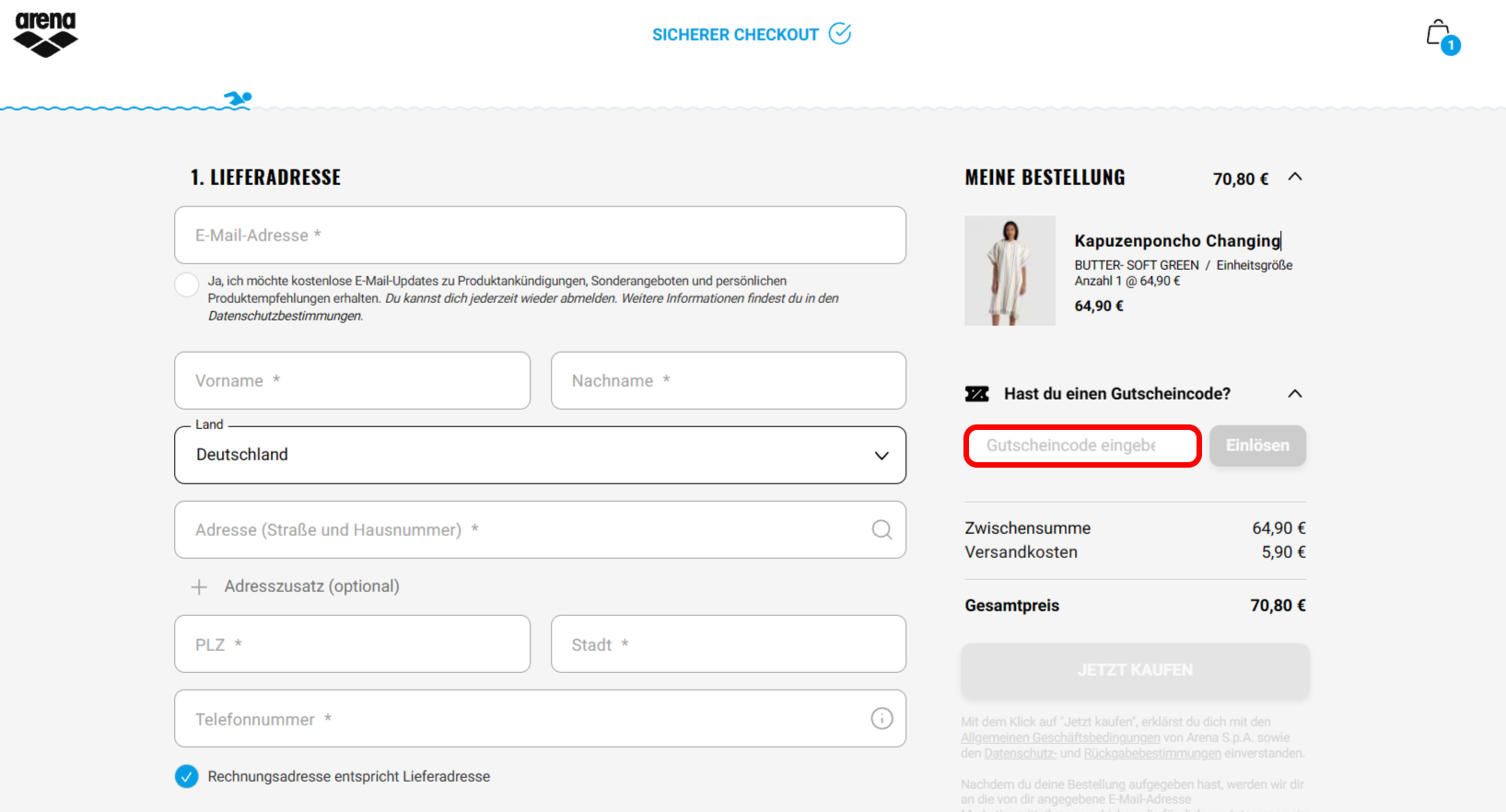 Der Checkout von arena mit rotmarkierter Stelle für den arena Gutschein