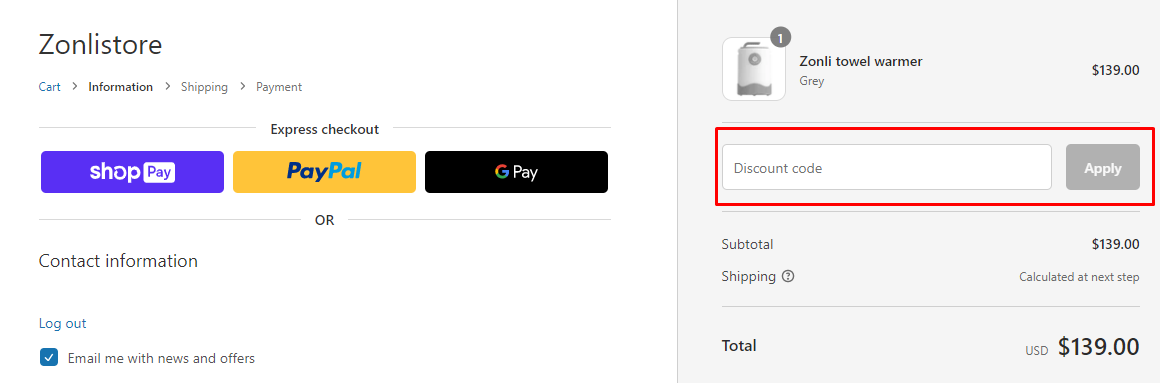 How do I use my Zonli Store discount code?