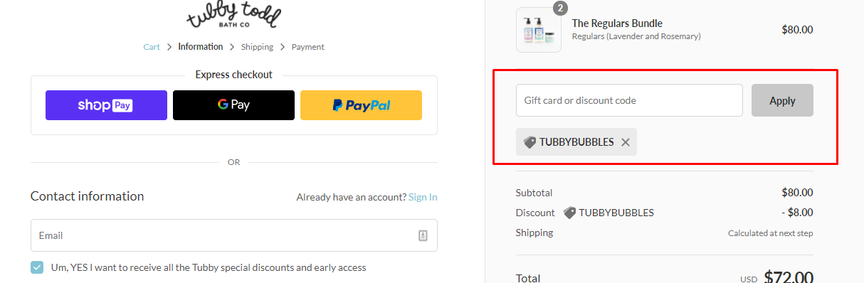 How do I use my Tubby Todd Bath Co. discount code?