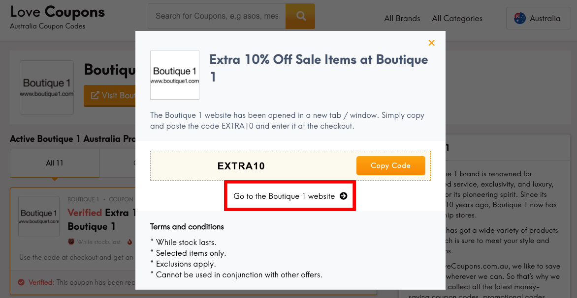 Boutique 1 AU Get Coupon