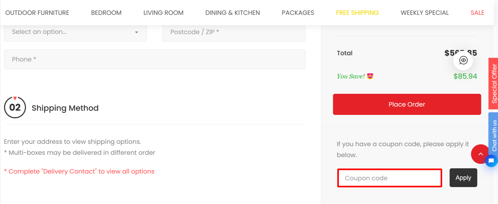 The brand checkout page with where to add the Dreamo discount code highlighted with a red box