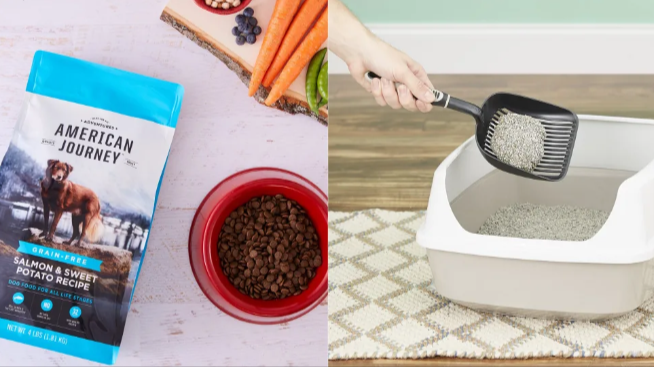 ChewyDog food product and a man or woman with a brush cleaning up cat litter