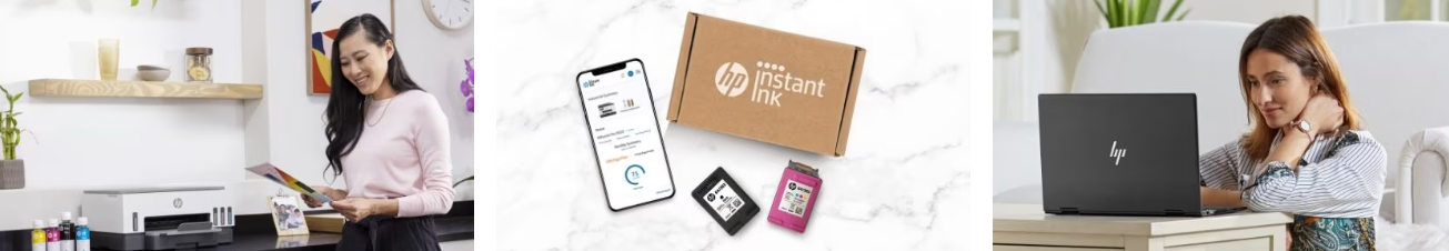 most popular HP products used by people, there is an instant ink, printer, and a laptop
