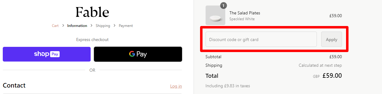 The brand checkout page with where to add the Fable Home discount code highlighted with a red box