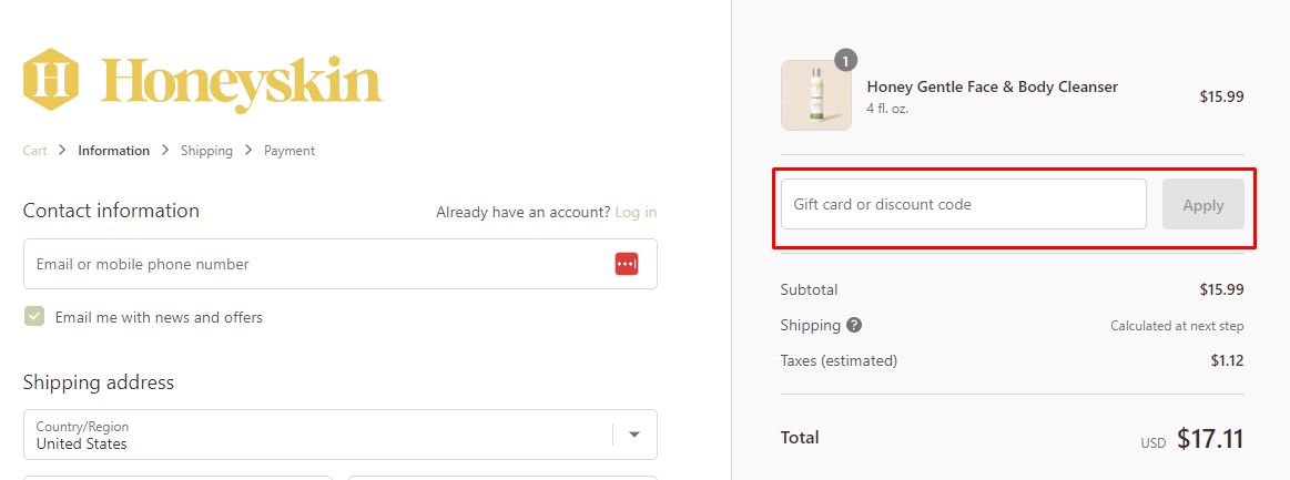 How do I use my Honeyskin discount code?