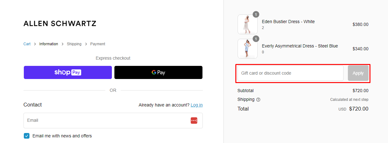 How do I use my Allen Schwartz discount code?