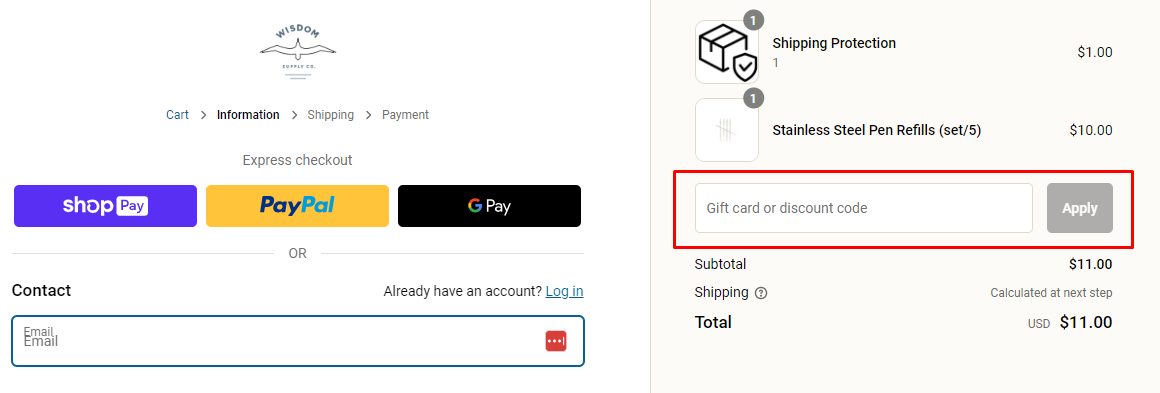 How do I use my Wisdom Supply Co. discount code?