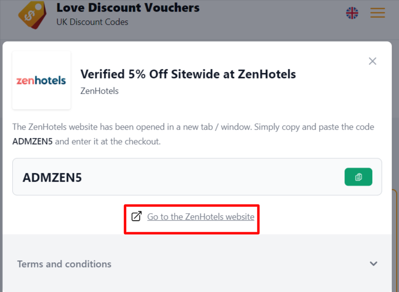 Box displayed on a darkened background of an ZenHotels promo code with the terms and conditions showing