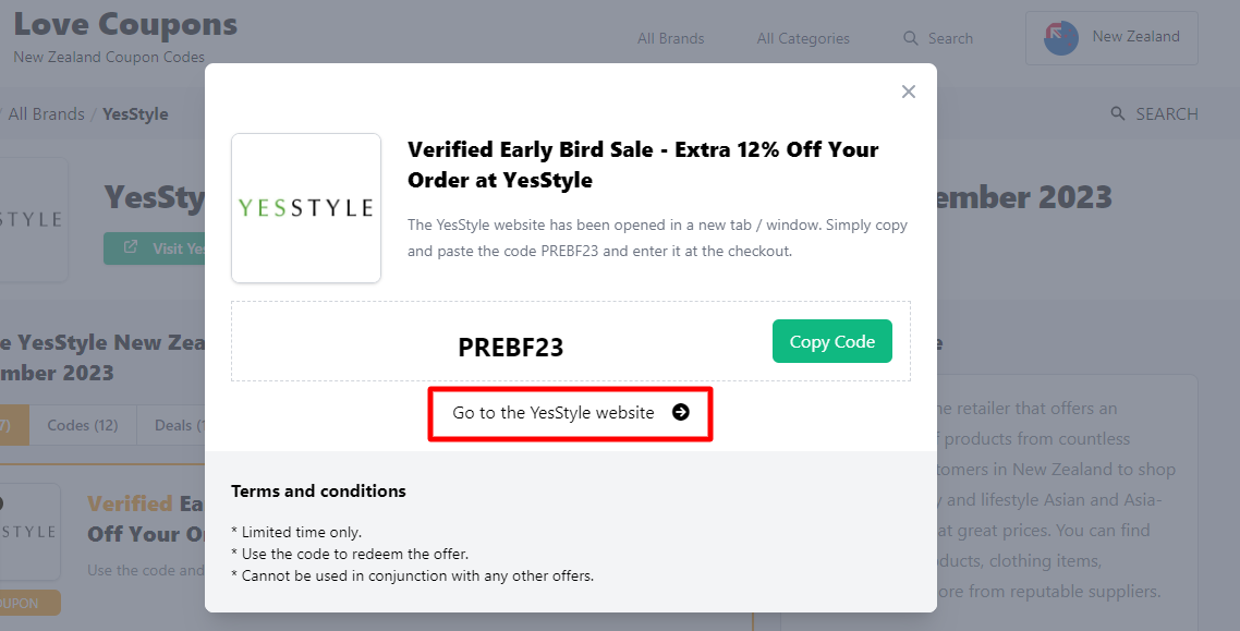 A box displayed on a white background of a YesStyle discount code with the message ‘Go to the YesStyle website’