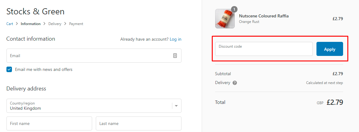 How do I use my Stocks & Green discount code?