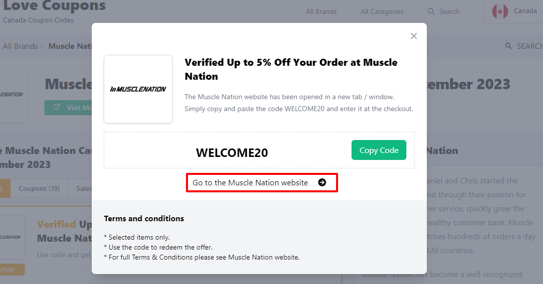 A box displayed on a white background of a Muscle Nation discount code with ‘Go to the Muscle Nation website’ message