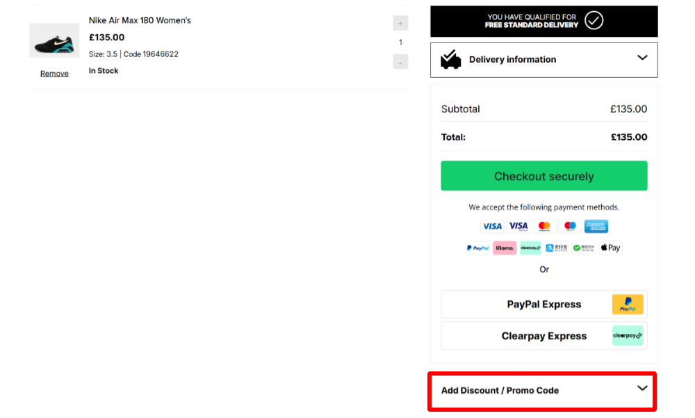 The checkout page showing where to apply your discount code