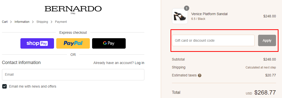 How do I use my Bernardo 1946 discount code?