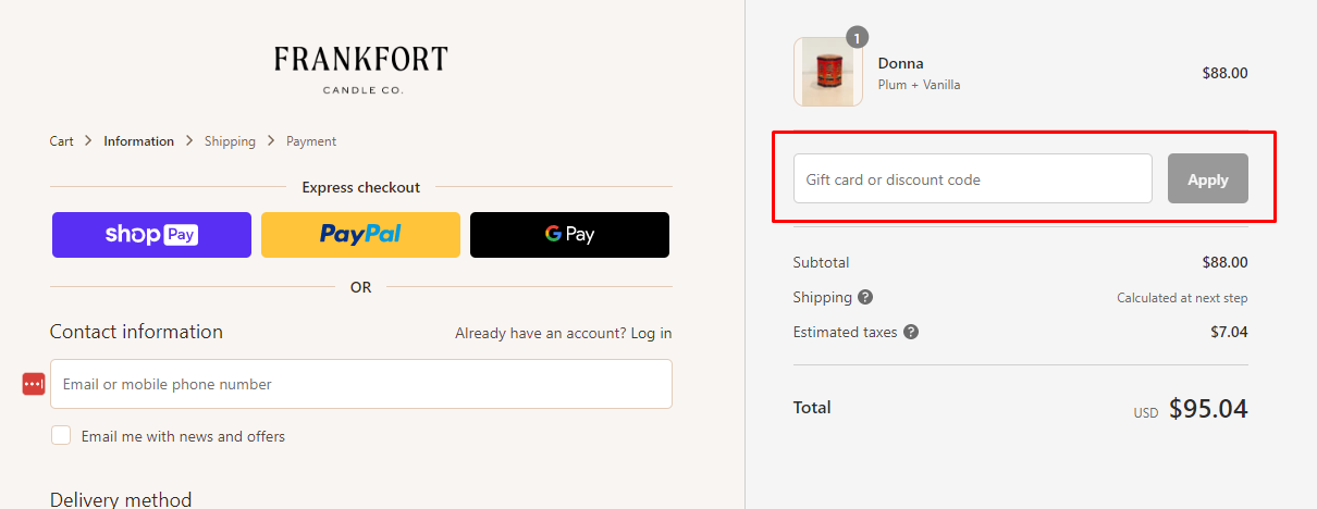 How do I use my Frankfort Candle discount code?
