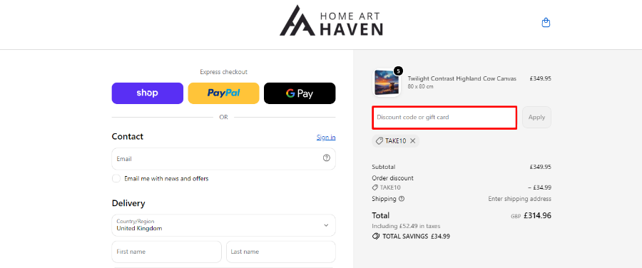 Home Art Haven checkout page with a rectangle box around the discount box