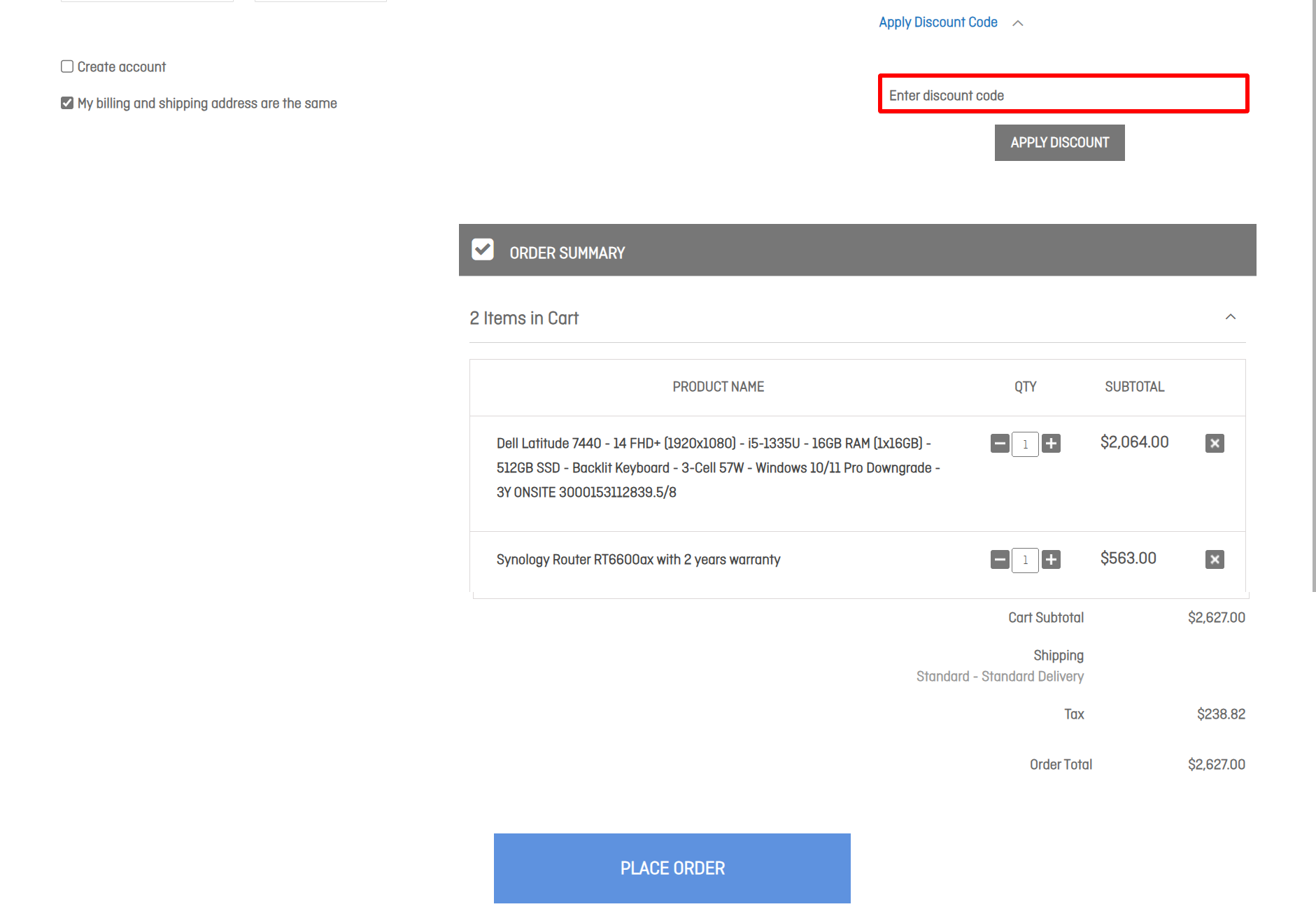 The highlighted red box at the brand checkout page is showing where to add the I-Tech discount code.