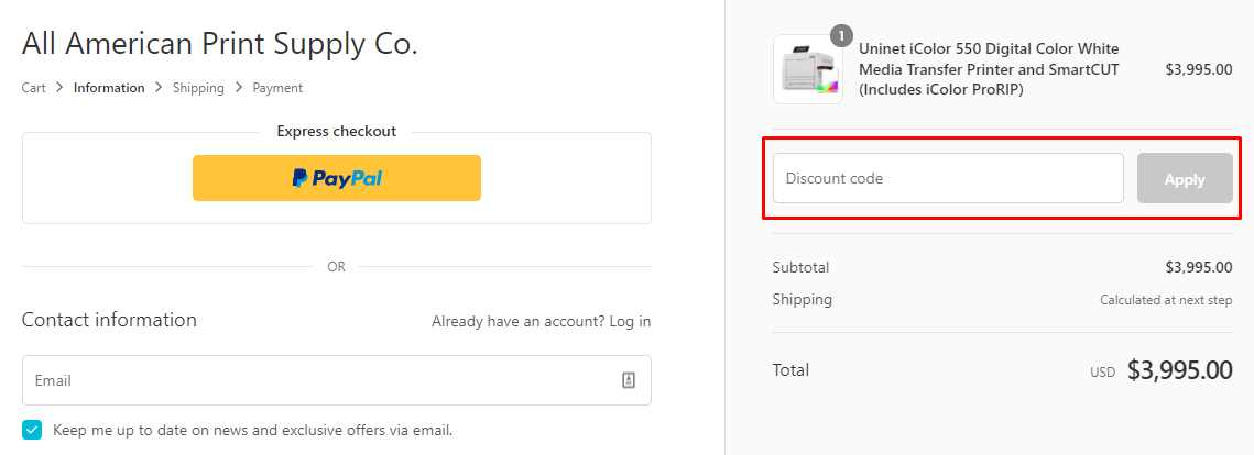 How do I use my All American Print Supply Co. discount code?