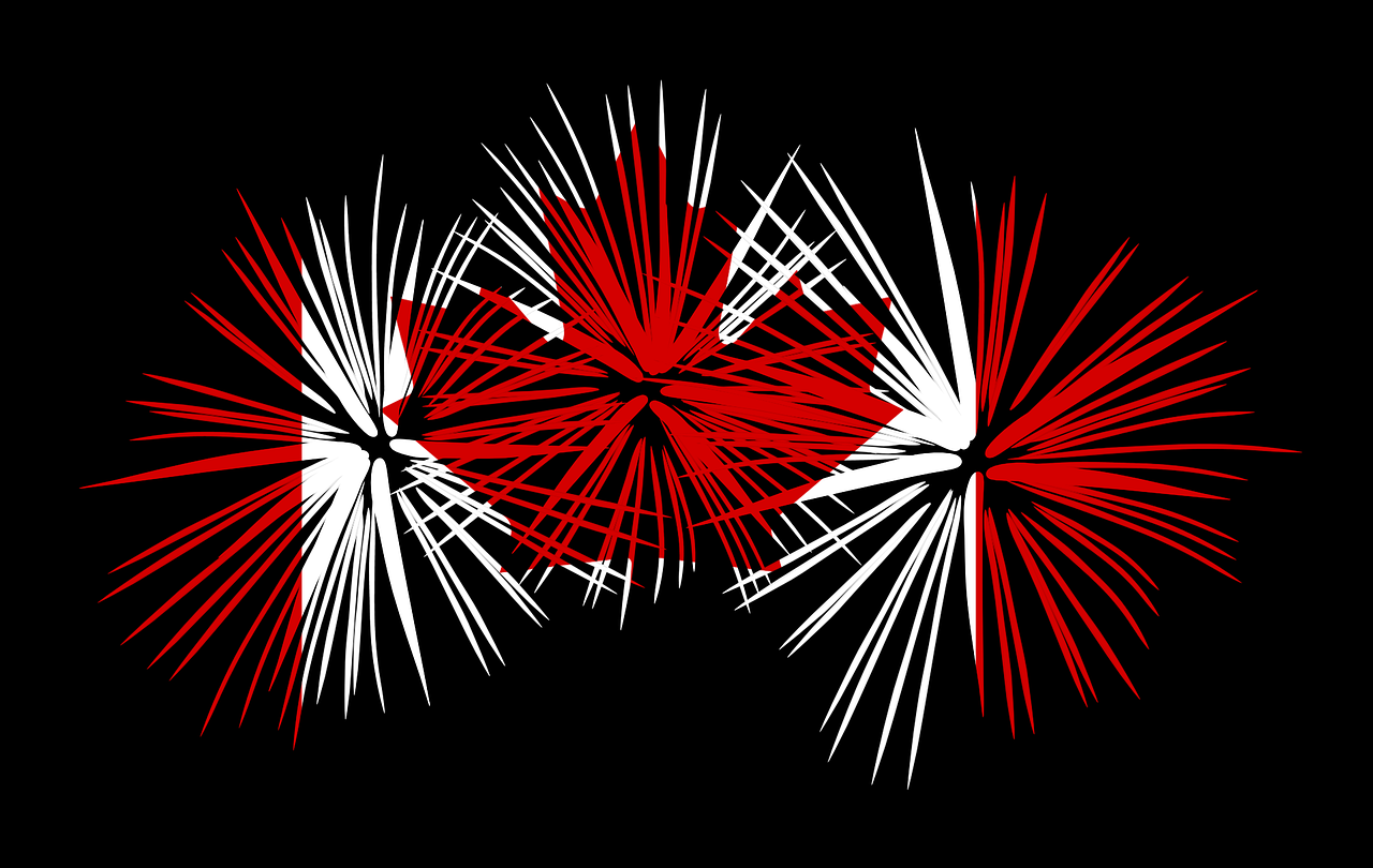 Fireworks with the Canadian flag celebrating Canada Day
