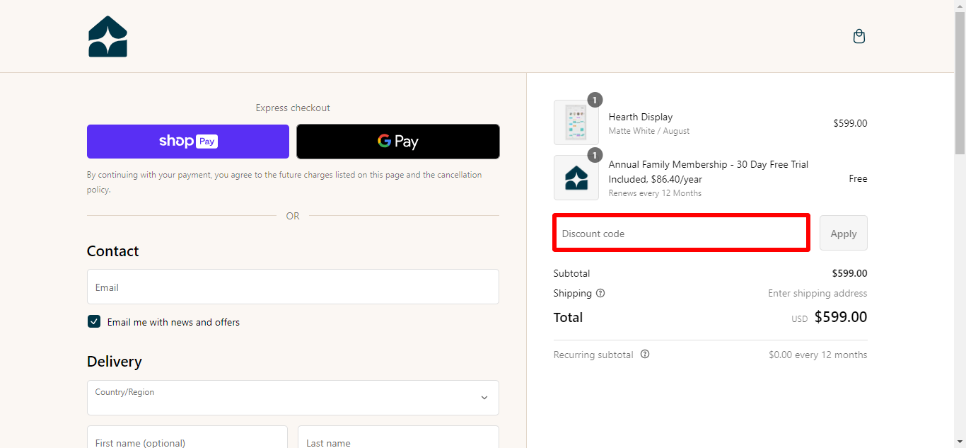 Hearth Display coupon code place highlighted with a red box on their checkout page