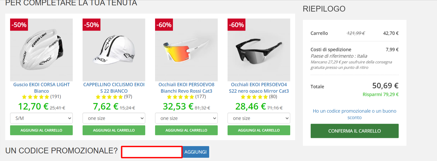 carrello del sito ufficiale EKOI che dispone la possibilità di usare un coupon EKOI per acquisti online