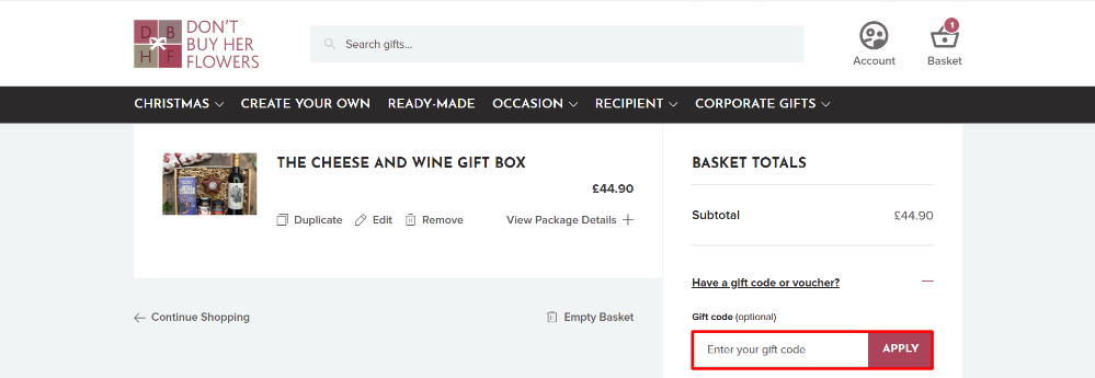 The Don't Buy Her Flowers checkout page with a cheese and wine box in the basket