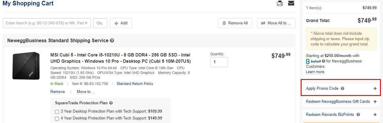 How do I use my NeweggBusiness promo code?