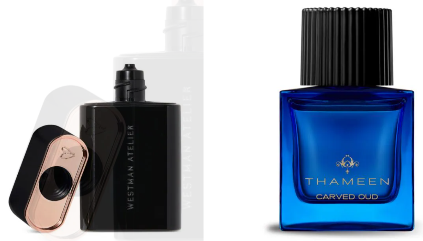 Zwei Beauty-Produkte von Farfetch, in jeweils schwarzer und blauer Farbe